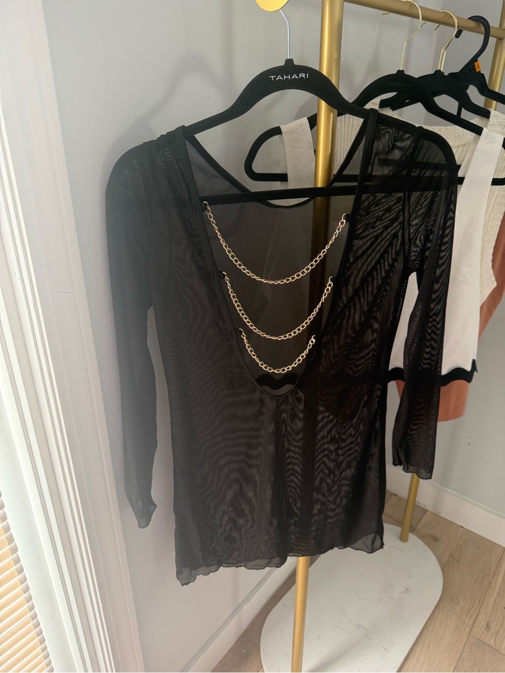 Black Sheer Long Sleeve Top with Gold Chain Back Detail